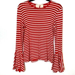 Boho Jane Shirt Red & White Striped Long Bell Sleeve Size Small Nautical Preppy